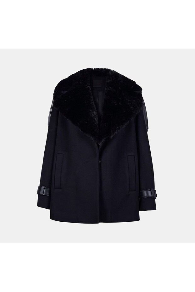 Women's Black Leather Detailed Cashmere Coat with Detachable Collar