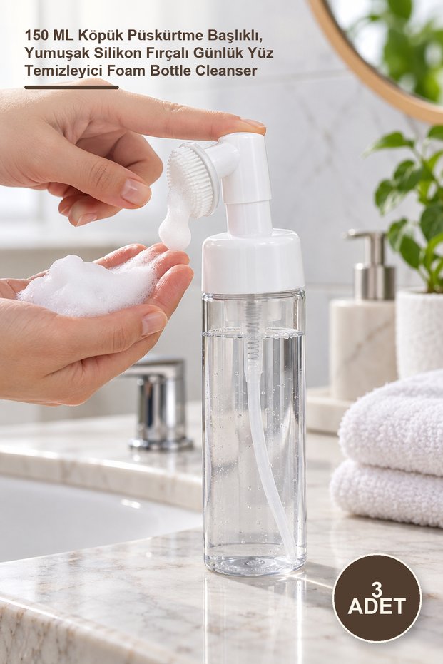 3 Pieces of Facial Cleansing Foam Bottles – 150 ml Foam Bottle Cleanser with Foam Spray Head and Soft Silicone Brush for Daily Facial Cleansing