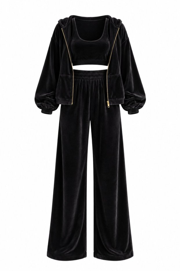 Black 100% Cotton Hooded Velvet 3-Piece Set - 0097