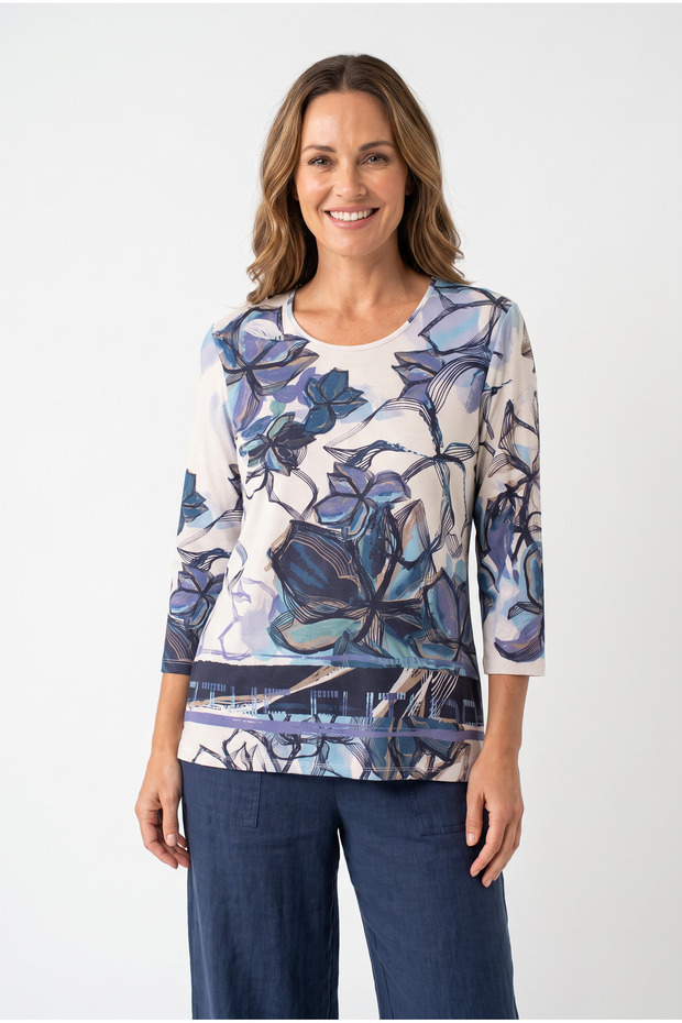 Women's Plus Size Lycra Crew Neck Patterned Three Quarter Sleeve Mom T-Shirt Combed Cotton Blouse