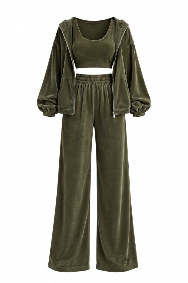 Khaki 100% Cotton Hooded Velvet 3-Piece Set - 0097