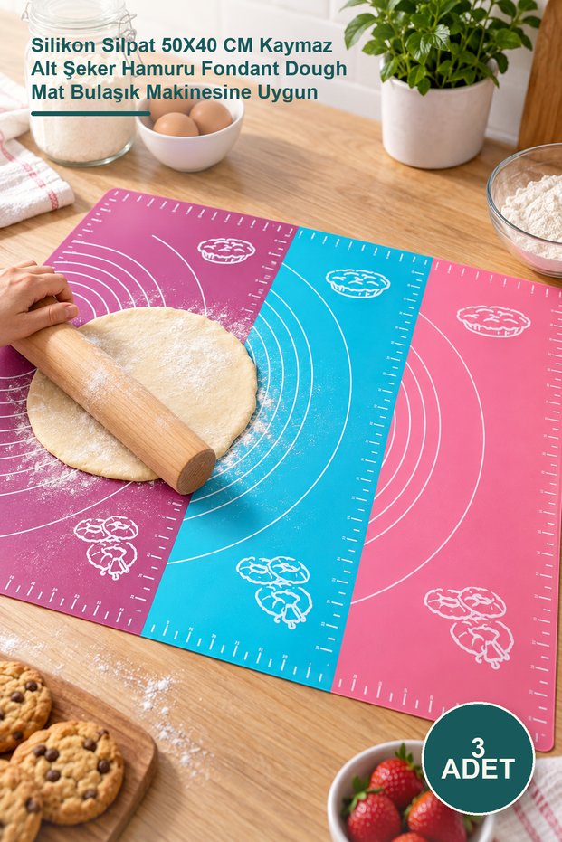 3 Pieces of Dough Rolling Mat – Silicone Silpat 50X40 cm Non-Slip Bottom Sugar Paste Fondant Dough Mat Dishwasher Safe