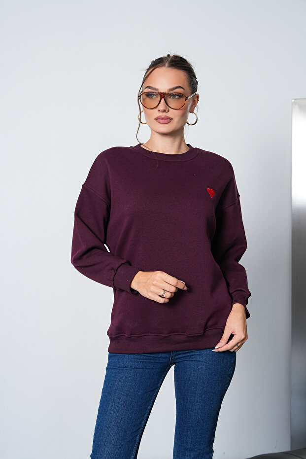 Basic Sweatshirt with Heart Embroidery Detail