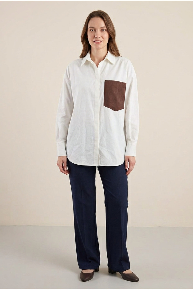 Women's Ecru Cotton Blend Oversize Shirt with Back Embroidery Detail and Suede Pockets