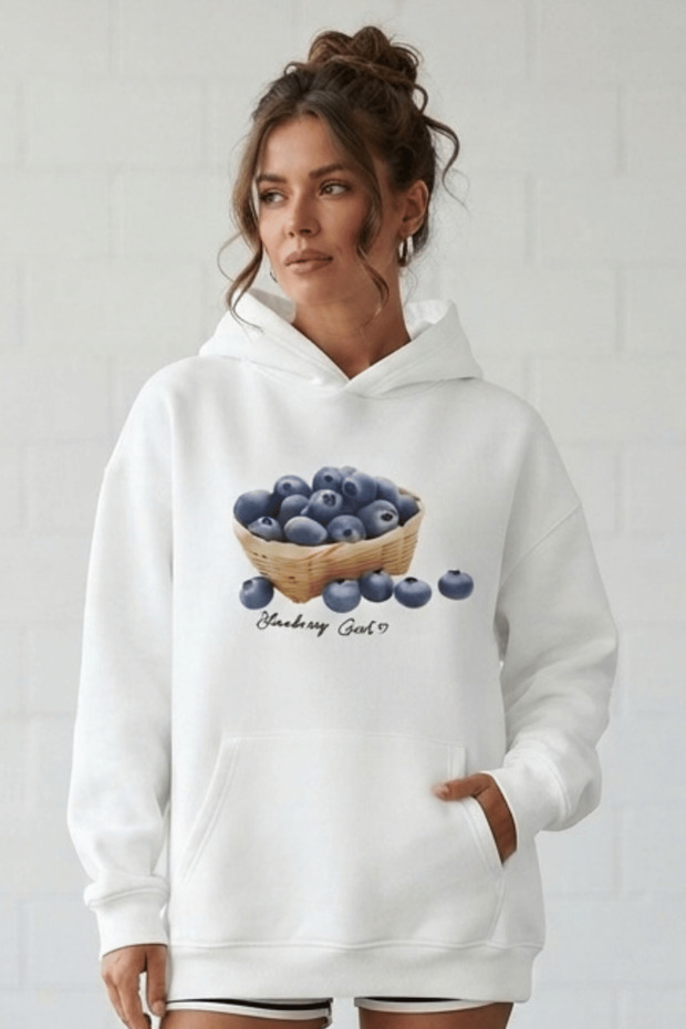 Women's Oversize Sweatshirt Hoodie Blueberry Printed White – Hooded, Kangaroo Pocket, 3 Thread Ribs