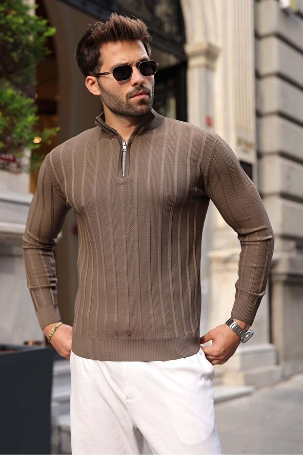 Light Brown Slim Fit Stand Collar Zippered Men's Knitwear Sweater E7518