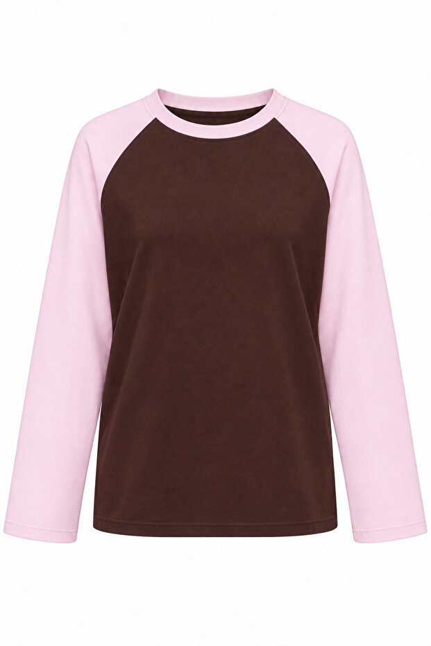 2242 Raglan Long Sleeve Double Color Crew Neck T-Shirt Pink