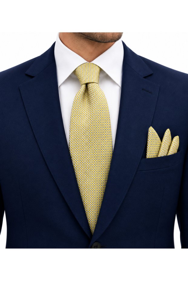 8 cm Lemon Yellow Patterned Tie and Handkerchief Set