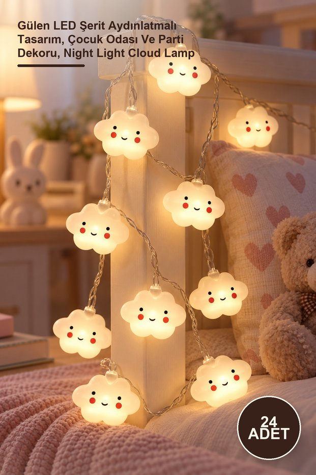 24 Pieces Cloud Night Light – Smiling Led Strip Illuminated Design, Children's Room and Party Decoration, Night Light Cloud Lamp