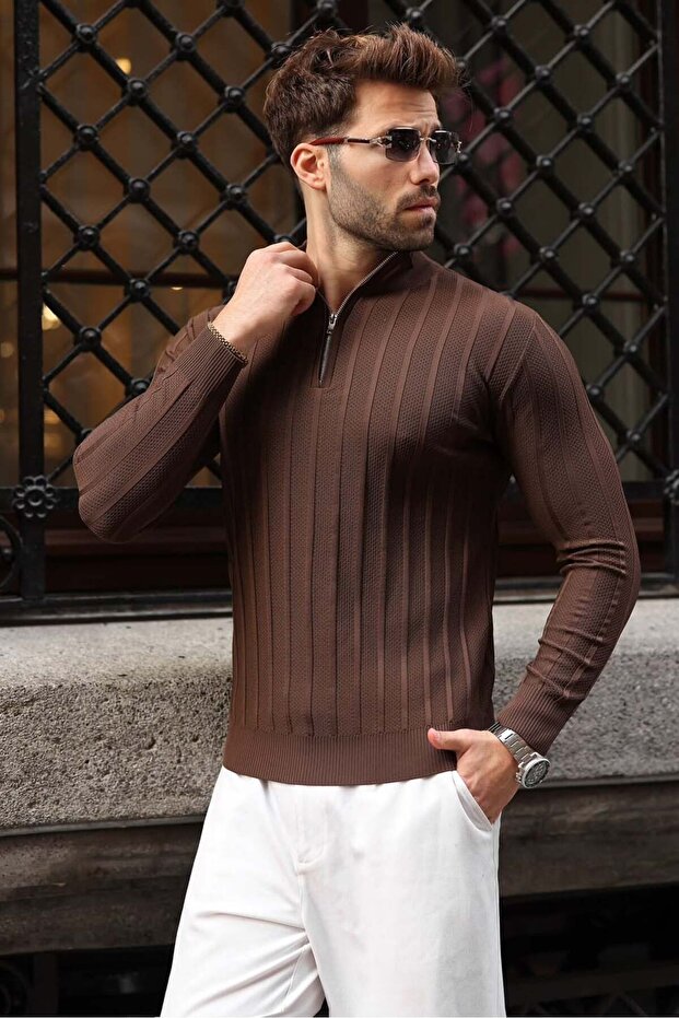 Brown Slim Fit Judge Collar Zippered Men's Knitwear Sweater E7518