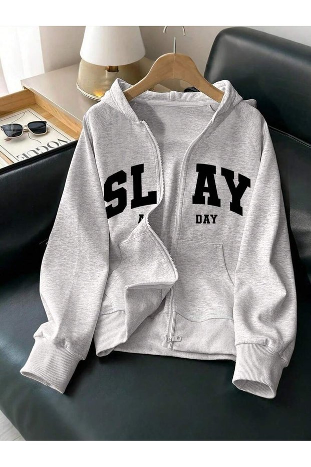 Unisex Gray Slay a Day Printed Zippered Sweatshirt Printed Premium Oversize T-Shirt