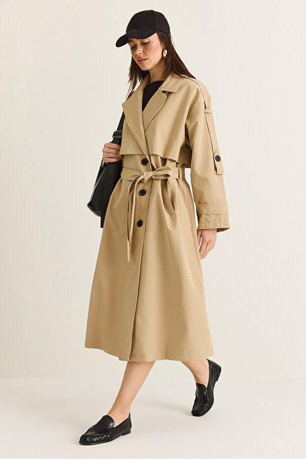 Women's Beige Windbreaker Detailed Epaulet Belted Oversize Lined Trench Coat 2020 60286525
