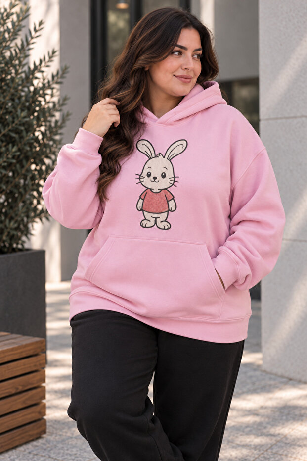 Women's Plus Size Rabbit Printed Hooded 2-Piece Tracksuit Set Oversize Comfortable Fit Casual Sports Set