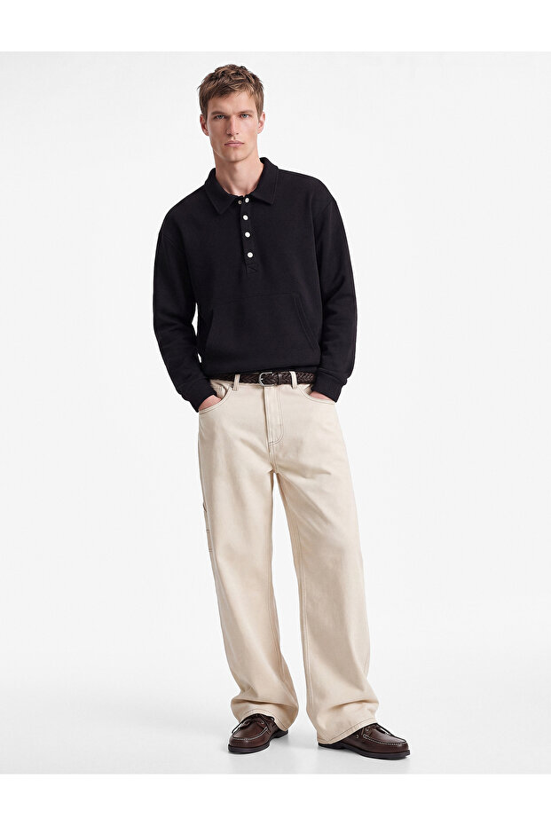 Kangaroo Pocket Three-Thread Ribbed Comfortable Fit Snap Button Stand-Up Collar Sweatshirt