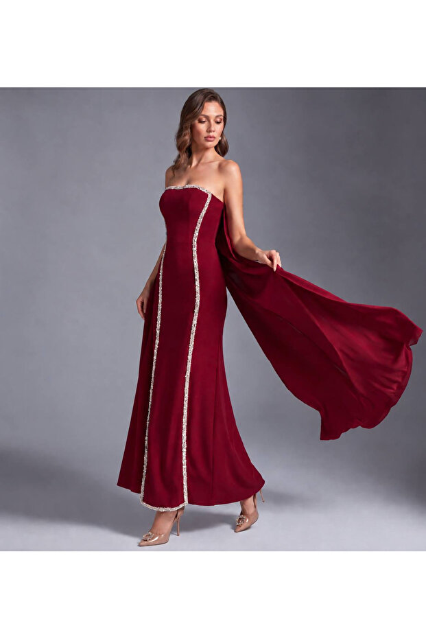 Red Crepe Evening Dress with Sequin Embroidery and Back Train