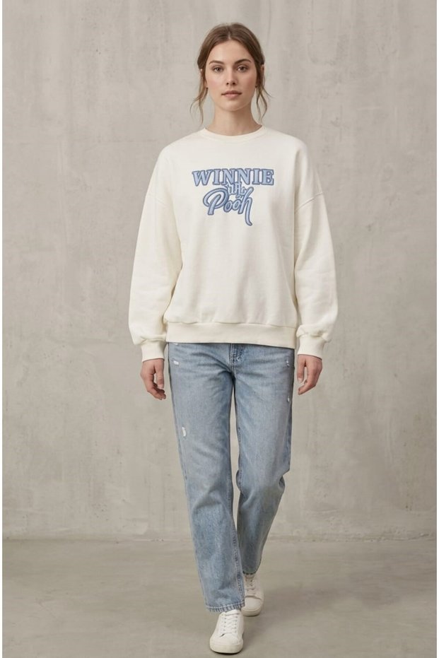 Ecru Blue Text Printed Crew Neck Oversize Sweatshirt Drop Shoulder Relaxed Fit Casual Sportswear