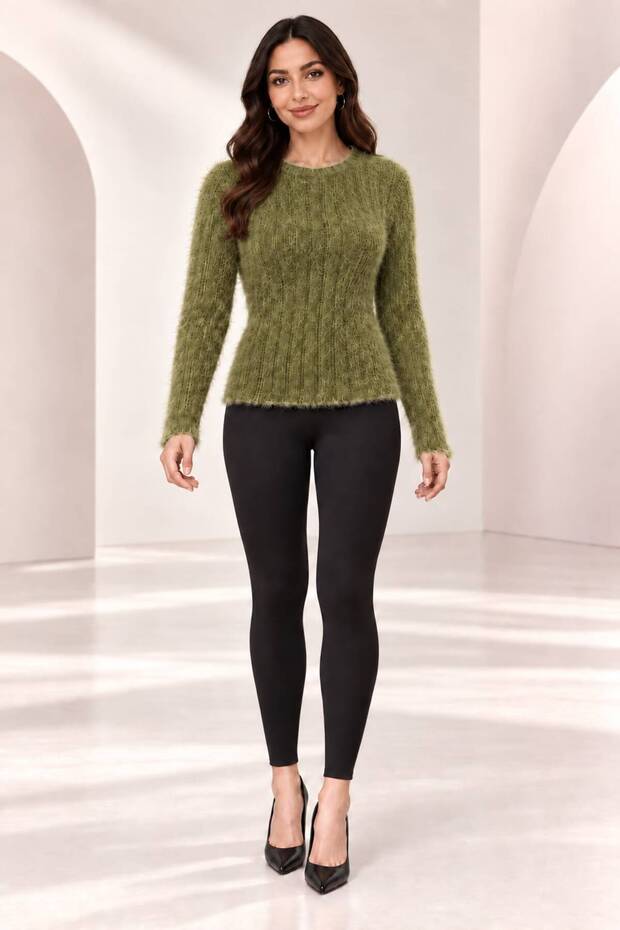 Women's Boat Neck Ribbed Long Beard Fuzzy Soft Textured Long Sleeve Knitwear Sweater Blouse