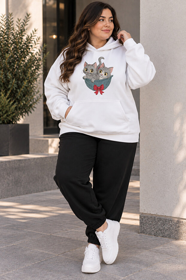 Women's Plus Size Cat Printed Hooded 2-Piece Tracksuit Set Oversize Comfortable Fit Casual Sports Set