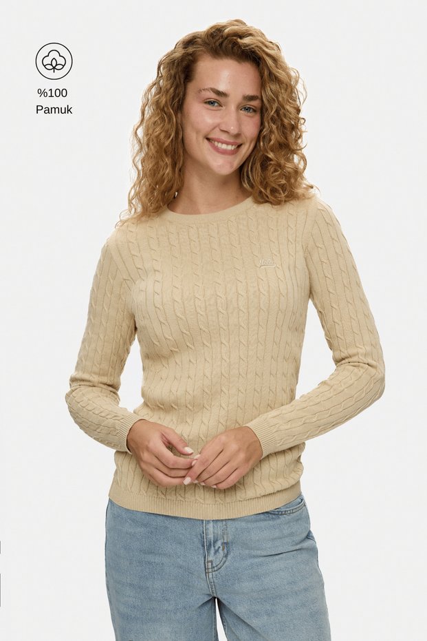 Shanu Beige Crew Neck 100% Cotton Embroidered Standard Fit Women's Knitwear