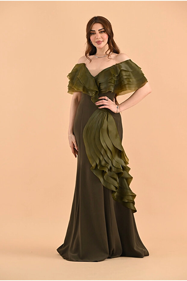 Olive Green French Crepe Evening Dress with Elegant Sequins