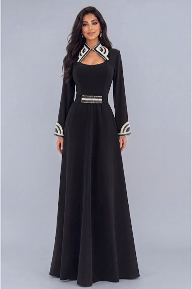 Black French Crepe Evening Dress - Hand Embroidered Neck and Sleeves