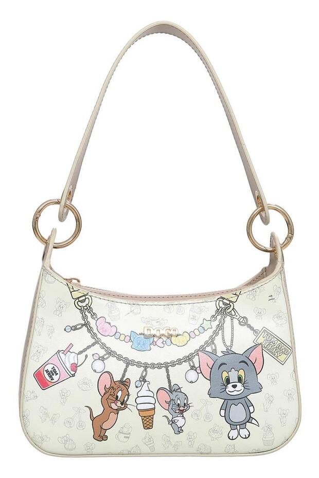 Women's Vegan Leather Cream Shoulder Bag - Warner Bros Tom and Jerry Charms Seamless Design
