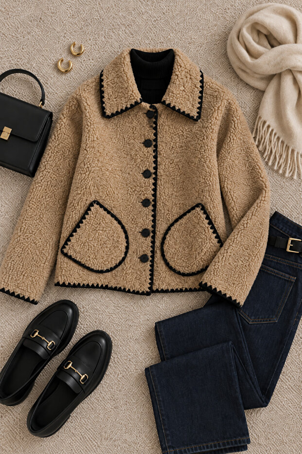 Women's Camel Teddy Plush Jacket Black Ribbed Buttoned Short Coat with Pockets