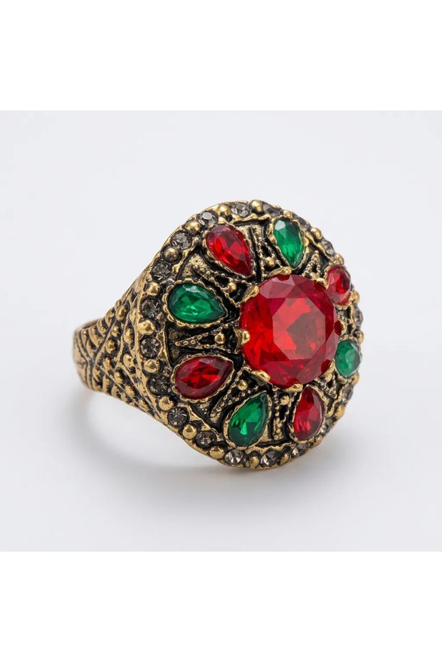 Bronze Women's Ring Authentic Copper Jewelry Green Zircon Red Stone Round Outline Victorian Adjustable