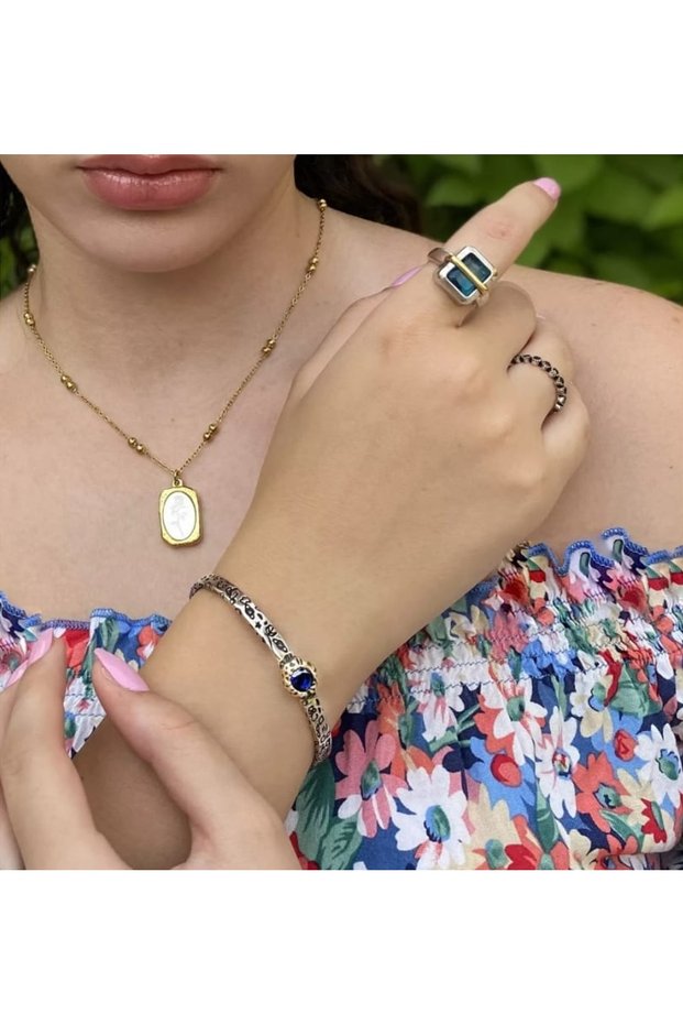 Silver Antique Navy Blue Stone Space Patterned Handcuff Bracelet – Silver Color Tarnish-Resistant Steel Vintage Adjustable Women's Bracelet