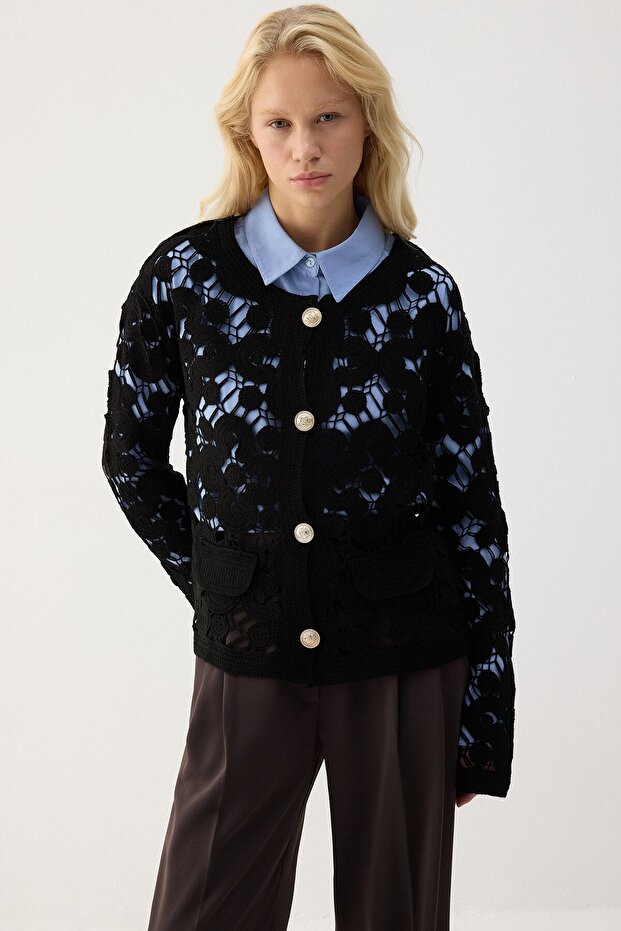 Tricoted Cardigan with Motifed Gold Buttons