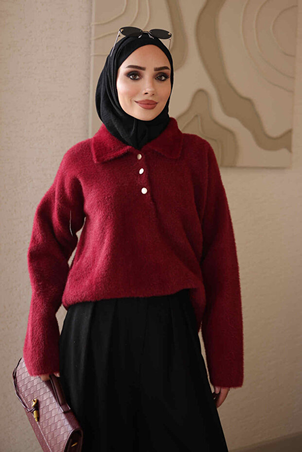 Burgundy Shirt Collar Angora Soft Knit Sweater
