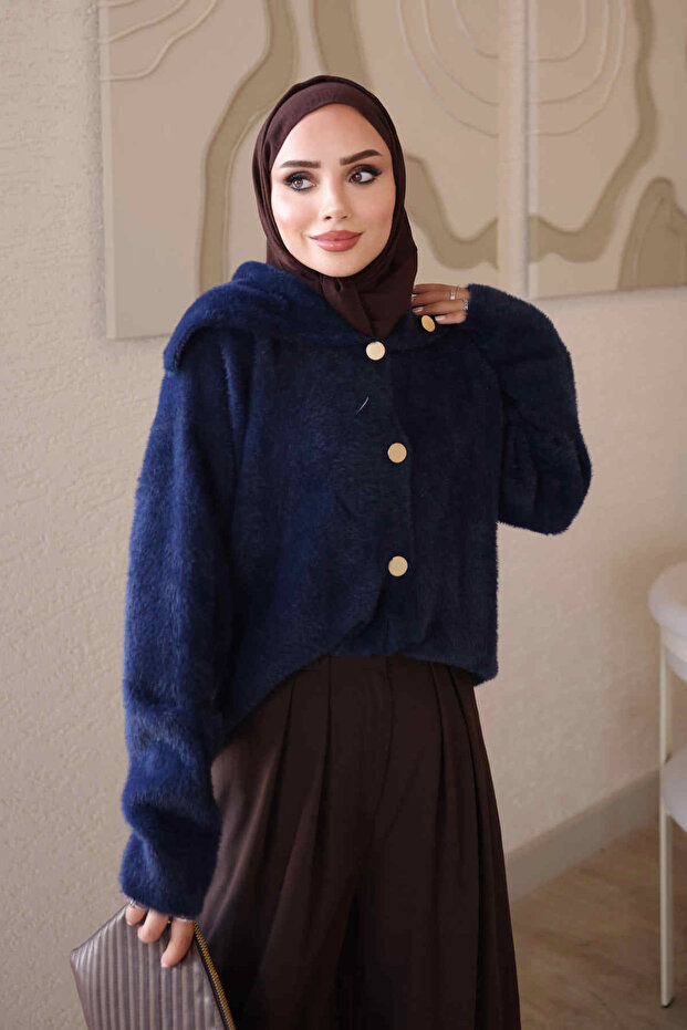 Navy Blue Buttoned Angora Soft Knit Cardigan