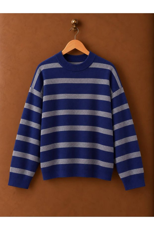 Navy Blue Striped Knit Sweater