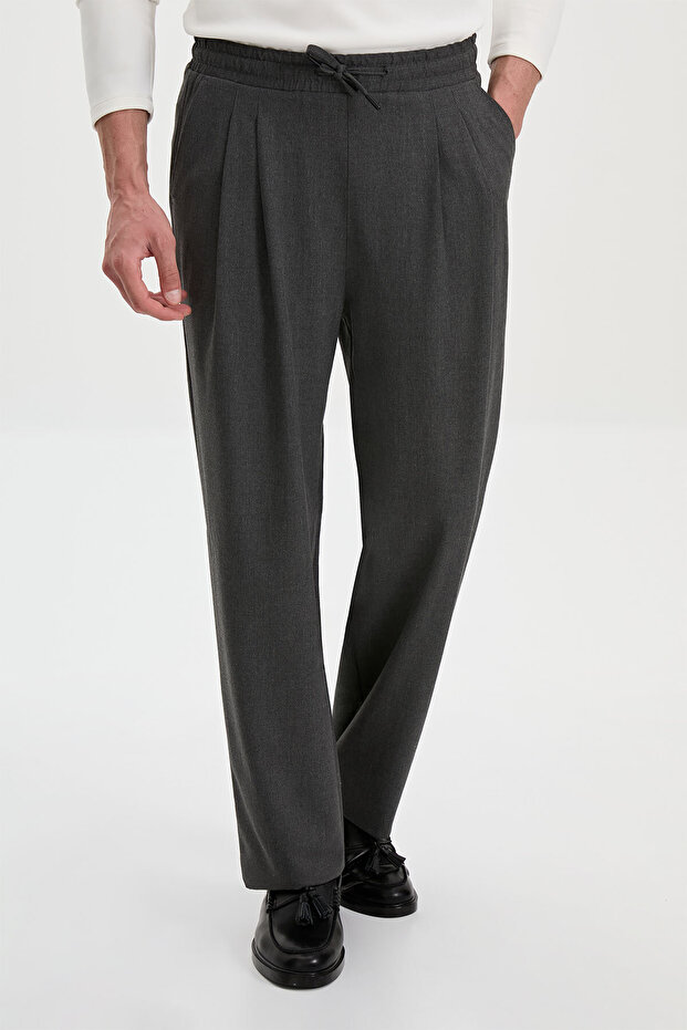 Straight Oversize Drawstring Pleated Wide Leg Men's Trousers Anthracite - 38349.26Y