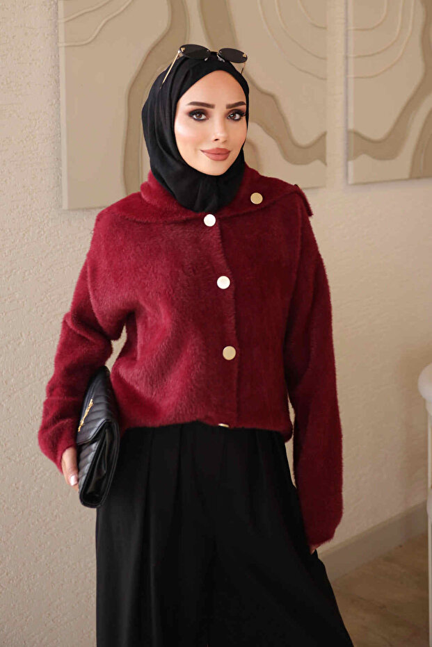 Burgundy Buttoned Angora Soft Knit Cardigan