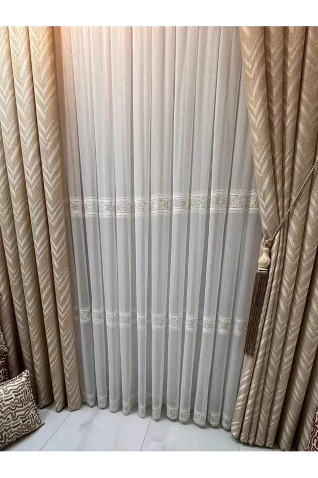 Verona 2048 Gold Flowery 1/3 Pleated Tulle Curtain