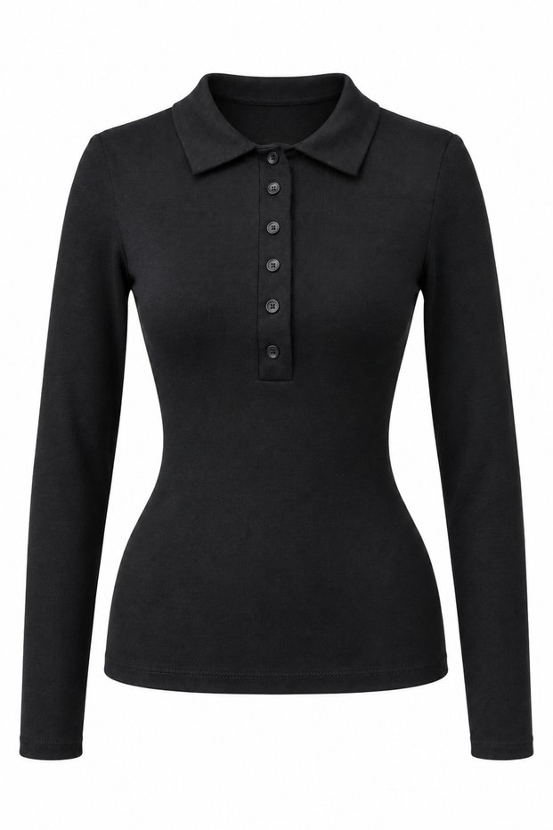 2246 Women's Polo Collar Buttoned Long Sleeve Slim Fit Blouse Black