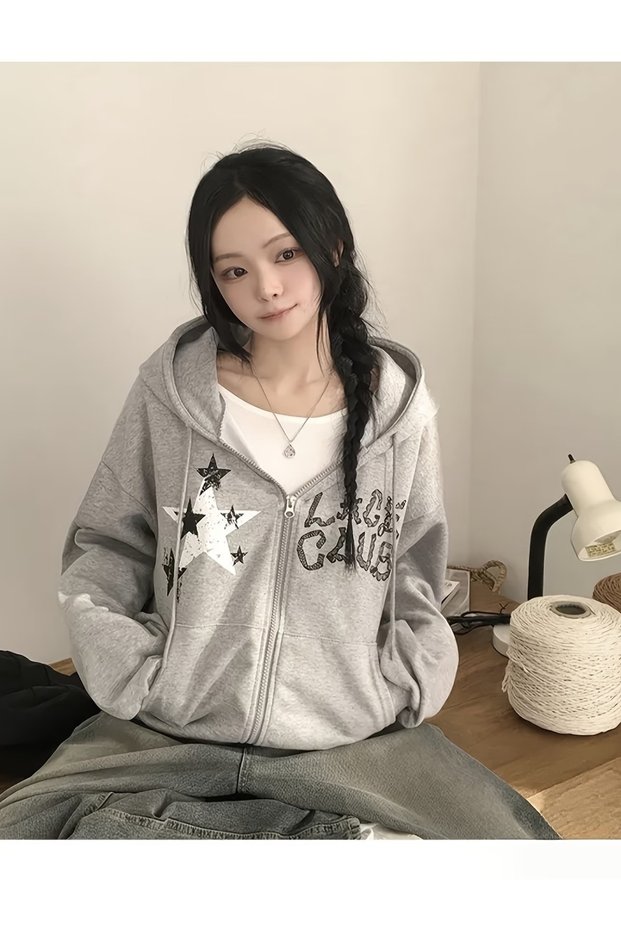 Star Lace Club Design Oversize Zippered Unisex Hooded Cardigan