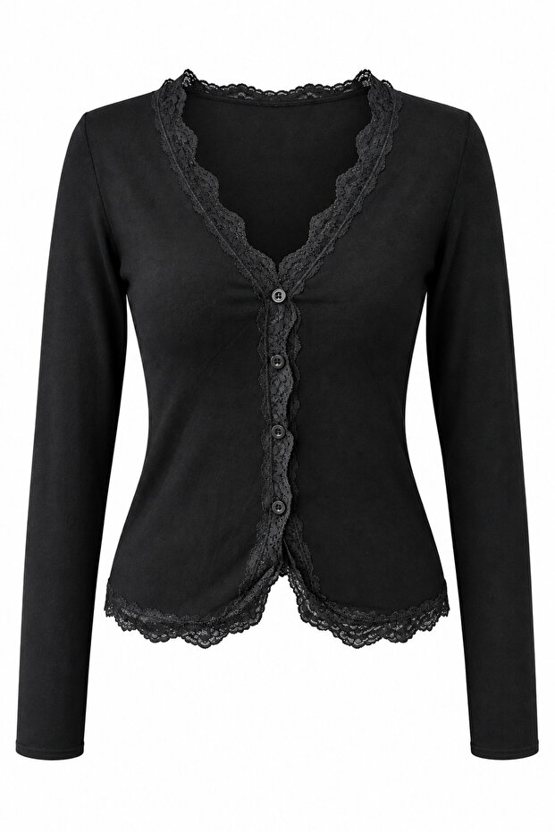 2244 Women's Lace Detailed V-Neck Buttoned Long Sleeve Blouse Black