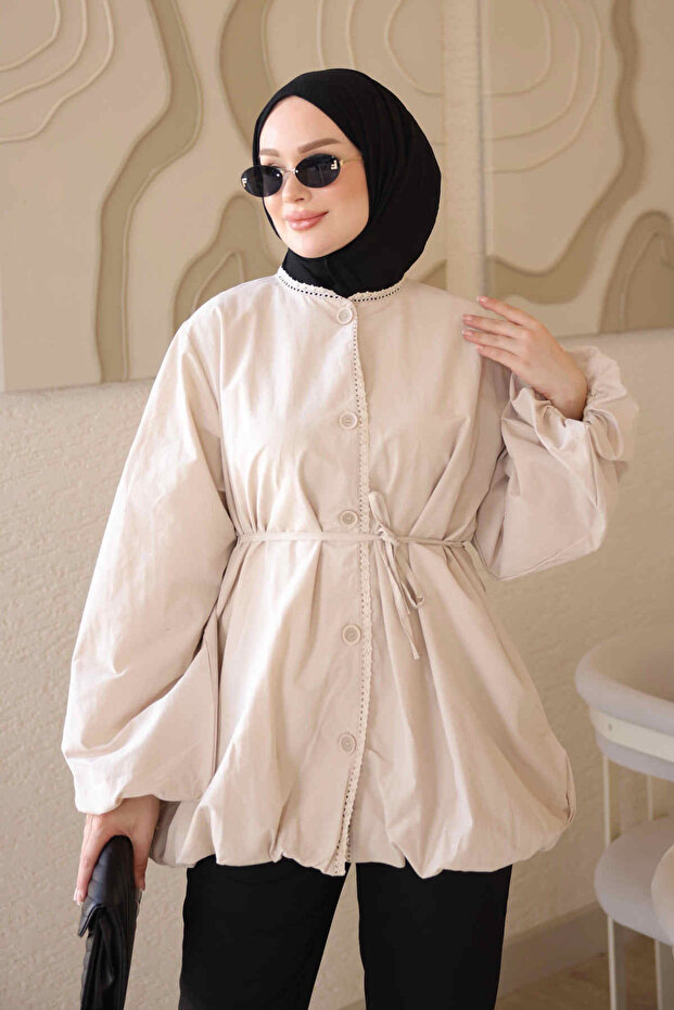 Beige Sleeve Waist Gathered Lace Detailed Jacket