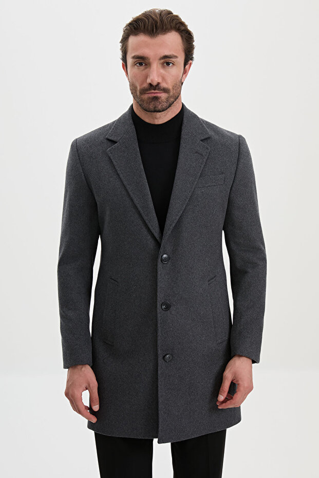 Straight Slim Fit Classic Wool Men's Coat Anthracite - 21346.26K