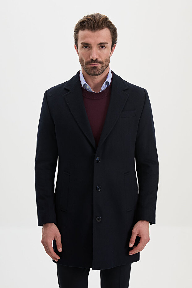 Straight Slim Fit Classic Wool Men's Coat Navy Blue - 21346.26K