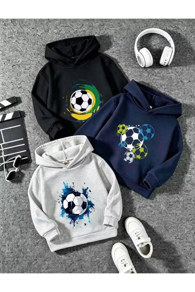 Boys' 3-Pack Hooded Colorful Football Balls Printed Sweatshirt (Navy Blue-Black-Grey)