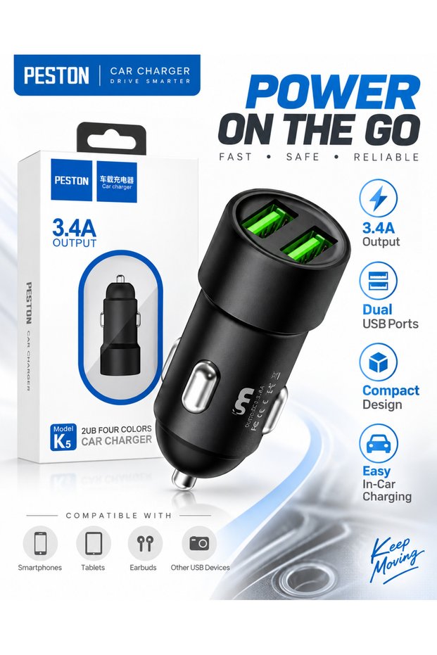 3.4A Dual USB Car Charger, 2-Port Compact Car Power Adapter for Smartphones Tablets & USB Devices, In-Car Charging Adapter, Black, Model K5