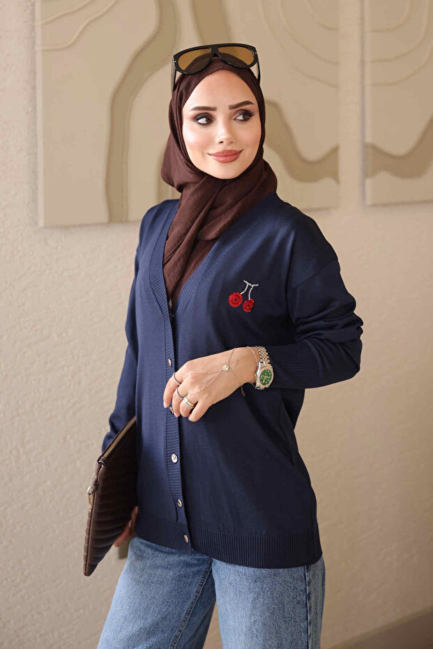 Navy Blue Sequin Embroidered Buttoned Cold Yarn Knitwear Cardigan