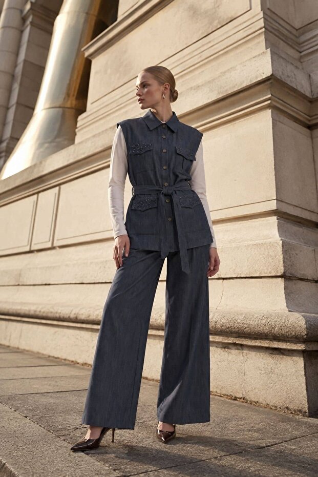 Stone Embellished Pocket Denim Vest and Trousers Two-Piece Set Blue