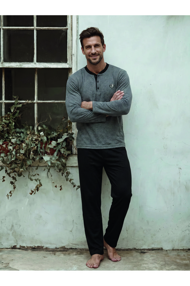 Men's Report Interlock Winter Collar Buttoned Long Sleeve Striped Pajama Set