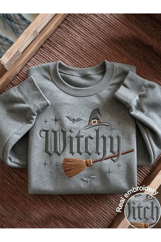 Unisex Gray Witchy Printed Crew Neck Sweatshirt Printed Premium Oversize T-Shirt