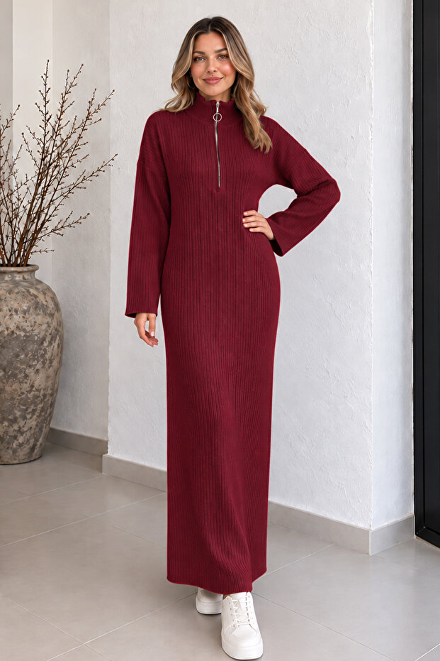 Ribbed Knitwear Dress with Zipper on the Collar K3067 Claret Red