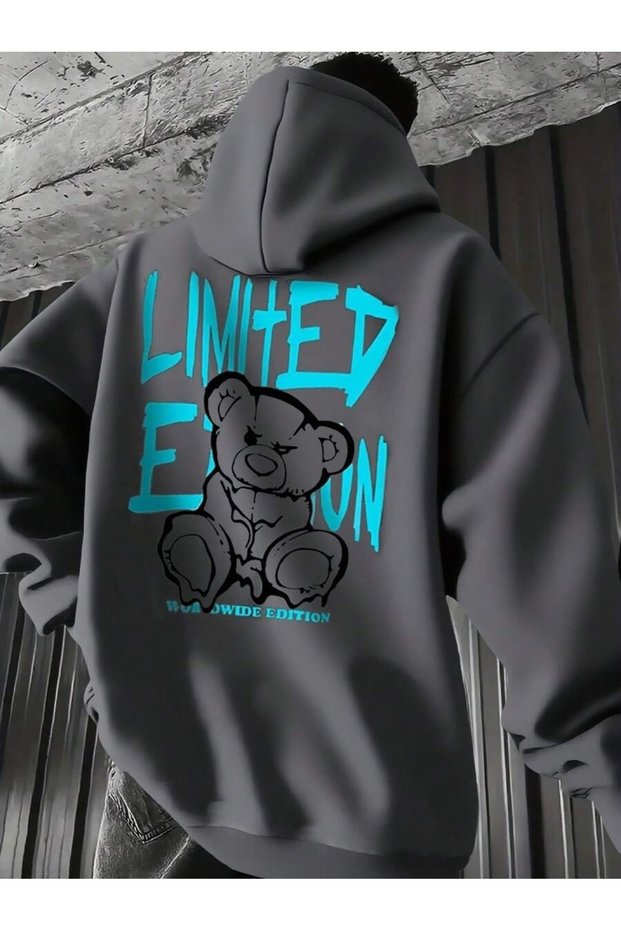 Unisex Anthracite Limited Teddy Bear Back Printed Hooded Sweatshirt Printed Premium Oversize T-Shirt